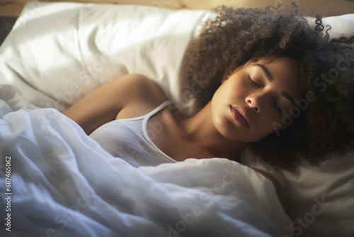 Close up of an elegant black woman with curly hair  peacefully asleep in her bed  eyes gently closed in serene slumber. Generative AI.