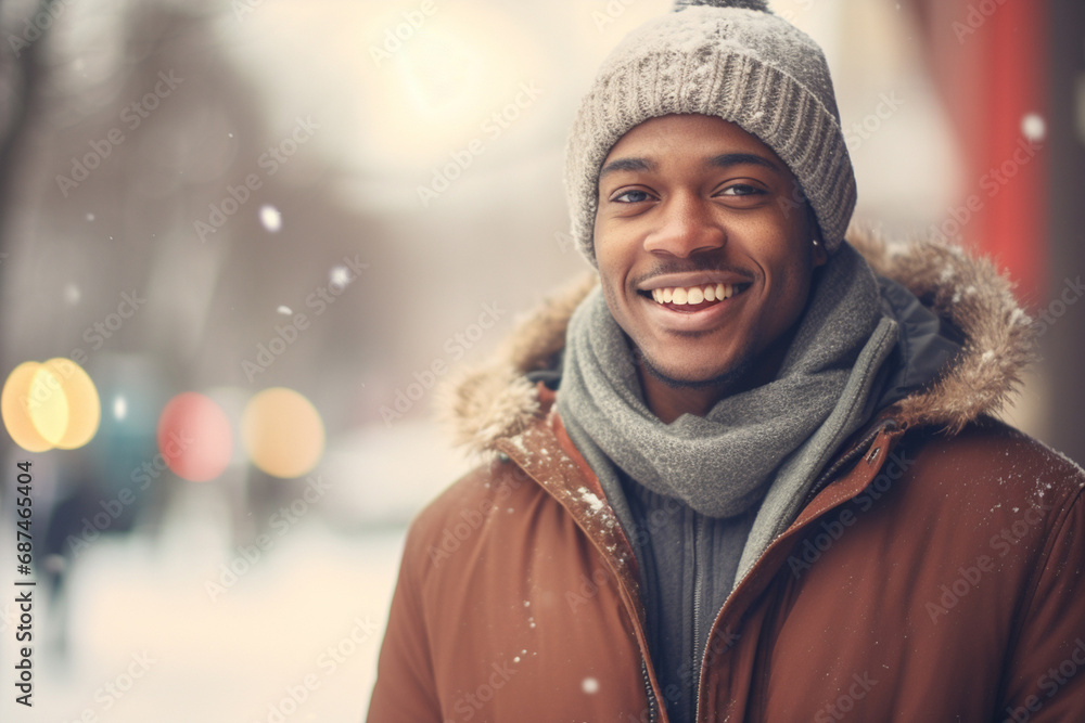 A joyful black man, wrapped in a warm winter hat and scarf, beams with a bright smile against a snowy forest backdrop, embodying the wintry spirit. Generative AI. A joyful black man, wrapped in a warm winter hat and scarf, beams with a bright smile against a snowy forest backdrop, embodying the wintry spirit. Generative AI.