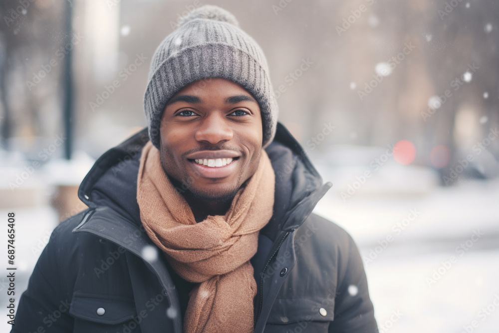 A joyful black man, wrapped in a warm winter hat and scarf, beams with a bright smile against a snowy forest backdrop, embodying the wintry spirit. Generative AI. A joyful black man, wrapped in a warm winter hat and scarf, beams with a bright smile against a snowy forest backdrop, embodying the wintry spirit. Generative AI.