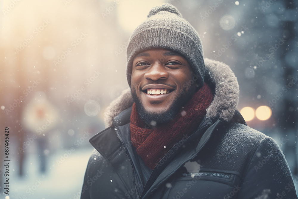 A joyful black man, wrapped in a warm winter hat and scarf, beams with a bright smile against a snowy forest backdrop, embodying the wintry spirit. Generative AI. A joyful black man, wrapped in a warm winter hat and scarf, beams with a bright smile against a snowy forest backdrop, embodying the wintry spirit. Generative AI.