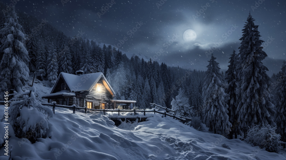 Fototapeta premium Magical Winter Wonderland in the Mountains Snowfall Christmas Time and Advent in the Evening and in the Morning Calm and Bright Wallpaper Background Cover Poster Greetings Card Digital Art