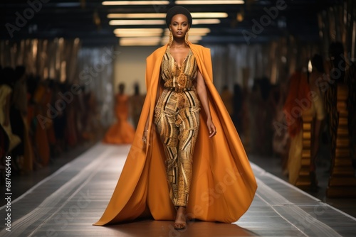 black model walking the runway at a modern african fashion show photo