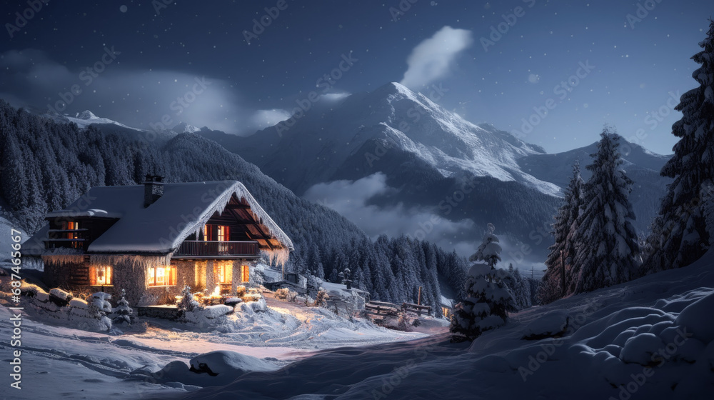 Magical Winter Wonderland in the Mountains Snowfall Christmas Time and Advent in the Evening and in the Morning Calm and Bright Wallpaper Background Cover Poster Greetings Card Digital Art