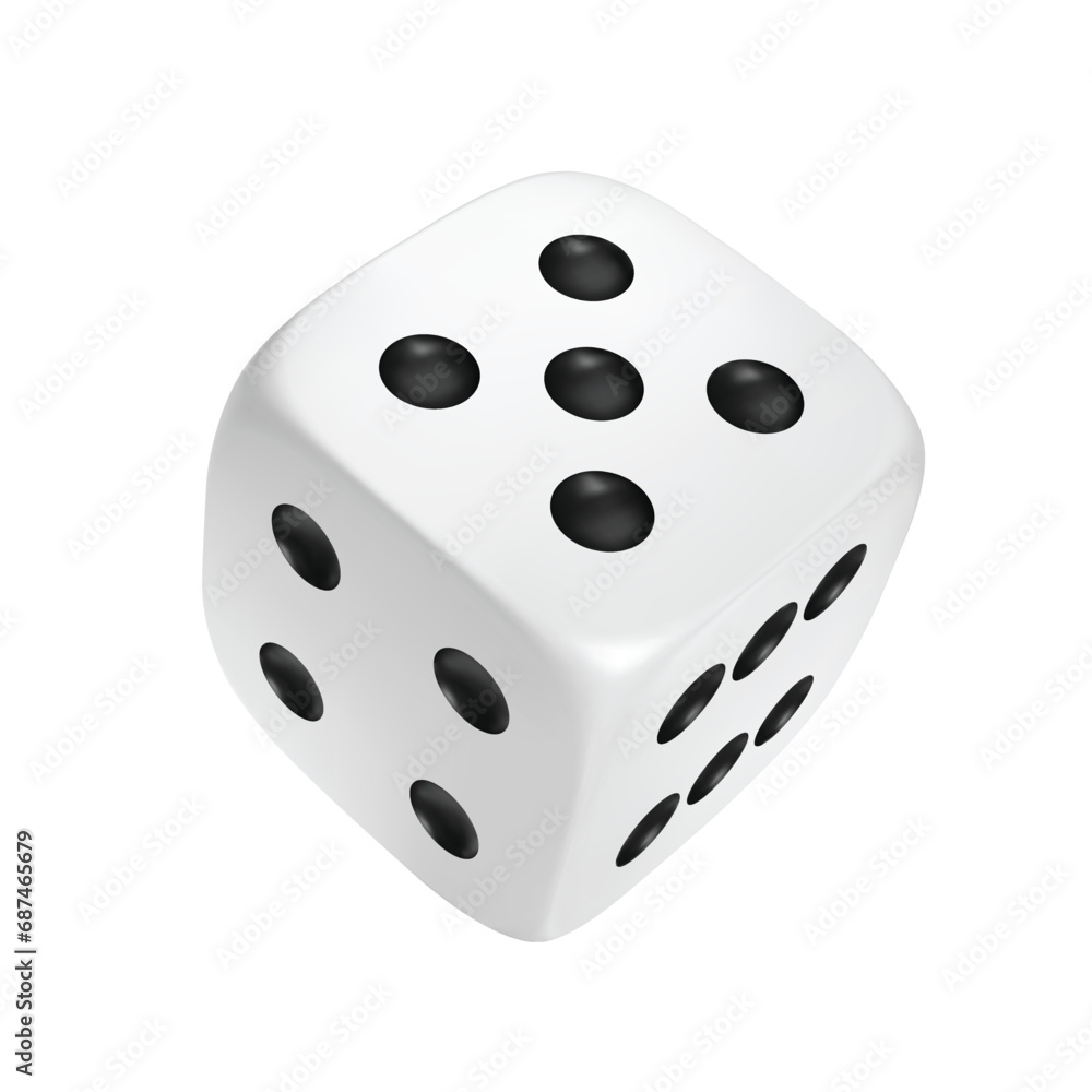 White photorealistic 3d cube for games. Dice icon in flight closeup isolated on white background. Vector illustration.