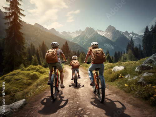 3 three person Family mountain biking with helmets on forest trail. mountain background. back, Rear view of family with small children cycling outdoors in summer nature. Generative ai photo