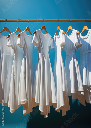 clean white clothes hanging on a hanger, clothing store, laundry, dry cleaning, shirt, cotton, blue background, style, fashion, showcase, sewing workshop, design, light industry