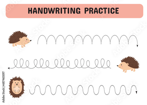 Tracing lines for children. Handwriting practice with hedgehogs and mushrooms. Educational game for preschool kids. Printable Page worksheet. Vector illustration.