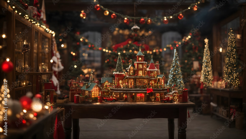 An abstract representation of Santa's workshop, with bokeh-laden lights illuminating the scene, creating a whimsical and festive ambiance.