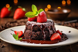 A delectable chocolate lava cake, elegantly presented on a restaurant plate, adorned with delectable toppings and sprinkles. Generative AI.
