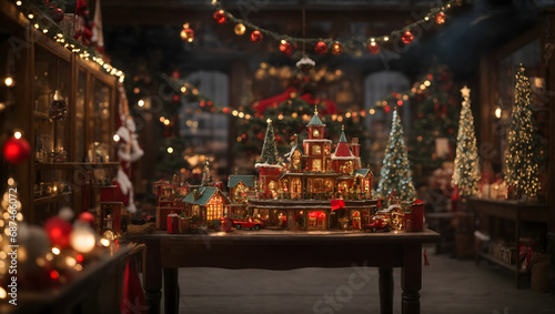 An abstract representation of Santa's workshop, with bokeh-laden lights illuminating the scene, creating a whimsical and festive ambiance.