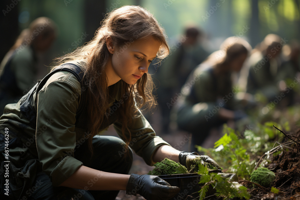 green-themed photo portraying soldiers and residents joining forces for environmental stewardship projects, photo green-themed photo portraying soldiers and residents joining forces for environmental stewardship projects, photo