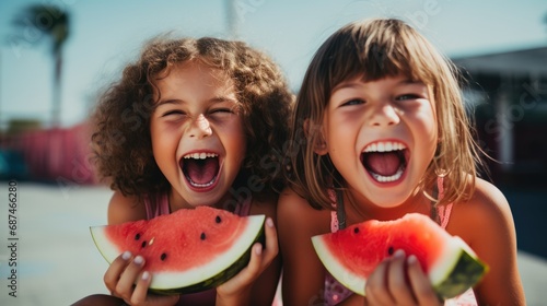 Portrait of two young girls enjoying a watermelon and laughing together. photo