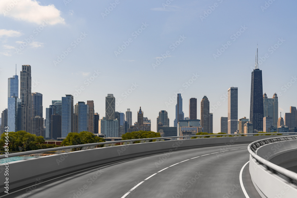 Empty urban asphalt road exterior with city buildings background. New modern highway concrete construction. Concept of way to success. Transportation logistic industry fast delivery. Chicago. USA. Empty urban asphalt road exterior with city buildings background. New modern highway concrete construction. Concept of way to success. Transportation logistic industry fast delivery. Chicago. USA.
