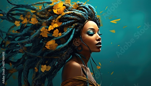 painting style illustration of pretty African woman deadlock hairstyle in wind blow, mysterious confident fashion portrait artistic design, Generative Ai photo