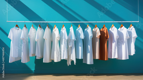 clean white clothes hanging on a hanger, clothing store, laundry, dry cleaning, shirt, cotton, blue background, style, fashion, showcase, sewing workshop, design, light industry photo