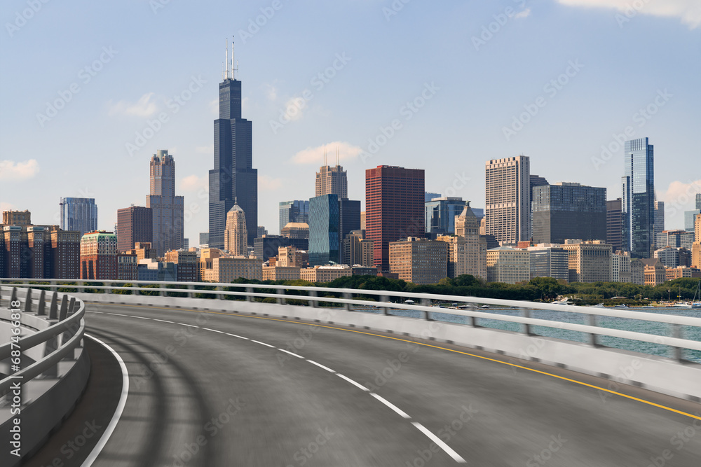 Empty urban asphalt road exterior with city buildings background. New modern highway concrete construction. Concept of way to success. Transportation logistic industry fast delivery. Chicago. USA. Empty urban asphalt road exterior with city buildings background. New modern highway concrete construction. Concept of way to success. Transportation logistic industry fast delivery. Chicago. USA.