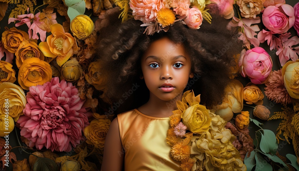 African young girl wearing flower crown in blossom flowers, spring and summer theme optimistic refreshing kid fashion vibe, Generative Ai