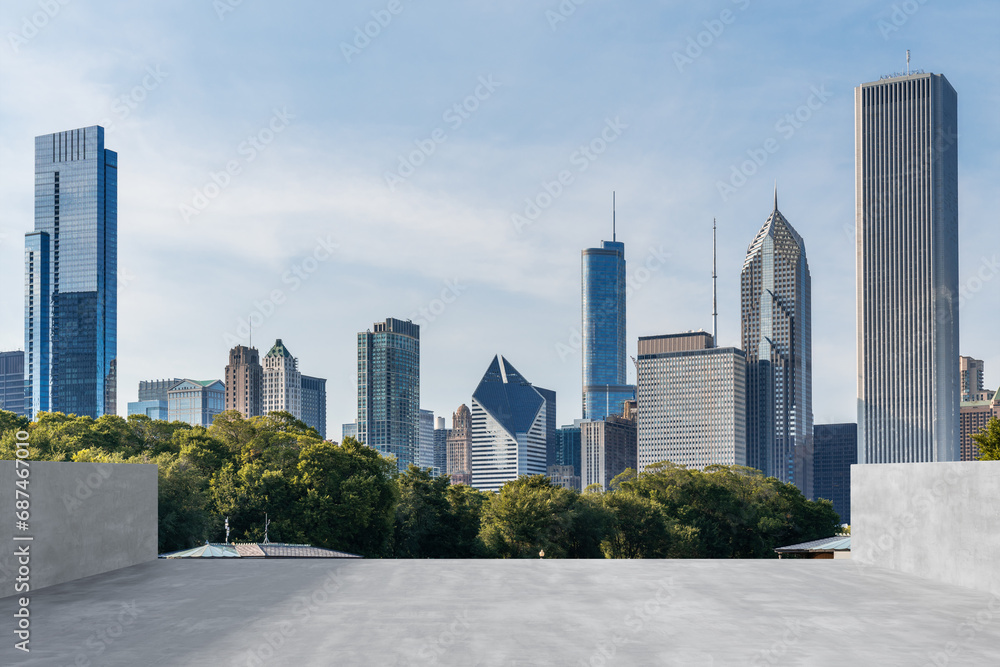 Obraz premium Skyscrapers Cityscape Downtown, Chicago Skyline Buildings. Beautiful Real Estate. Day time. Empty rooftop View. Success concept.