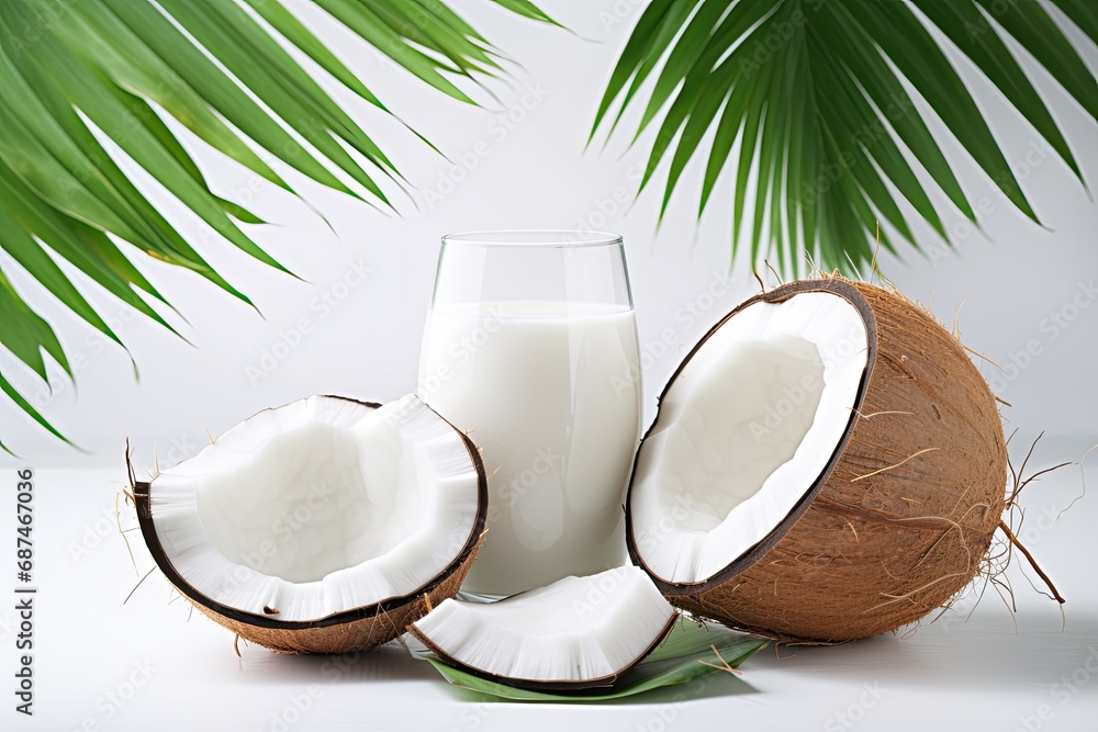 open coconuts with palm leaves on white background open coconuts with palm leaves on white background