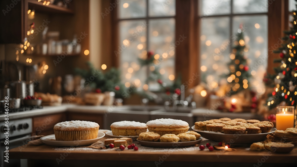 An abstract scene featuring a cozy kitchen filled with holiday baking activities, adorned with bokeh lights that add warmth and festivity to the atmosphere. An abstract scene featuring a cozy kitchen filled with holiday baking activities, adorned with bokeh lights that add warmth and festivity to the atmosphere.