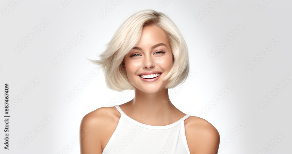 Portrait of young happy woman with blond bob hairstyle. Skin care beauty, skincare cosmetics, dental concept, isolated over white background. Portrait of young happy woman with blond bob hairstyle. Skin care beauty, skincare cosmetics, dental concept, isolated over white background.