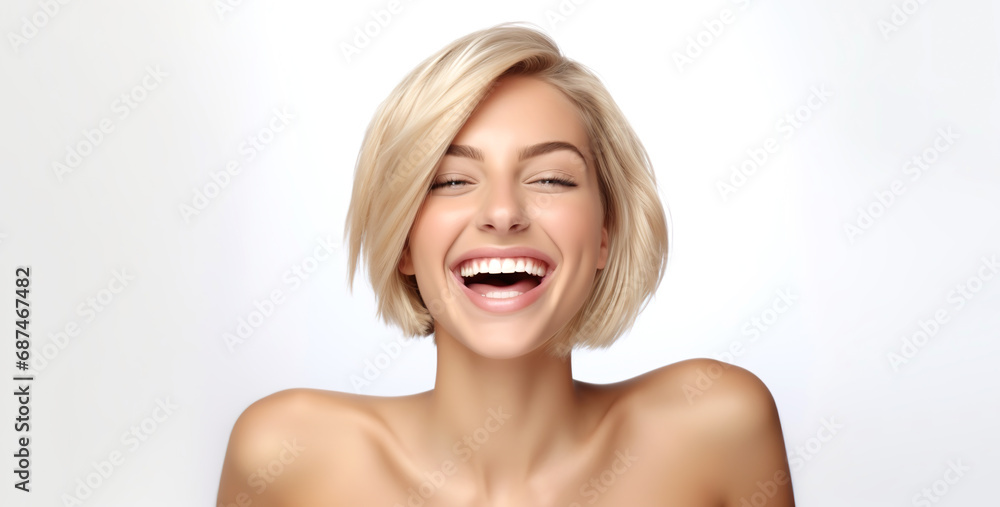 Portrait of young happy woman with blond bob hairstyle. Skin care beauty, skincare cosmetics, dental concept, isolated over white background. Portrait of young happy woman with blond bob hairstyle. Skin care beauty, skincare cosmetics, dental concept, isolated over white background.