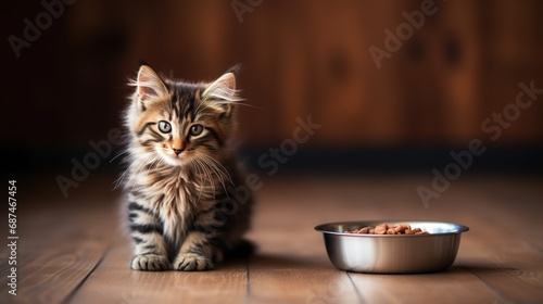Tabby Kitten Next to a Bowl of Food
