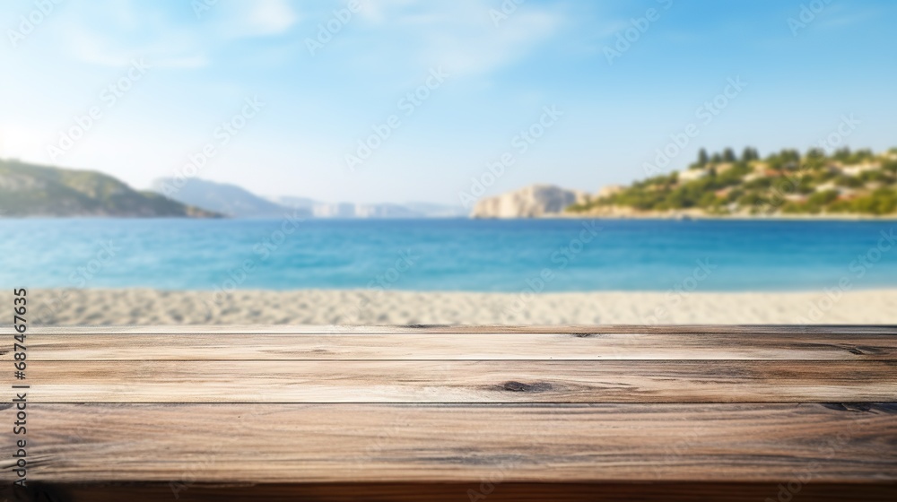 Wooden Table Overlooking a Sunny Beach