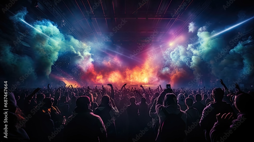 Epic Music Concert. Massive Crowd Dancing in Front of Stage with Spectacular Lights and Fireworks at Arena Stadium Epic Music Concert. Massive Crowd Dancing in Front of Stage with Spectacular Lights and Fireworks at Arena Stadium