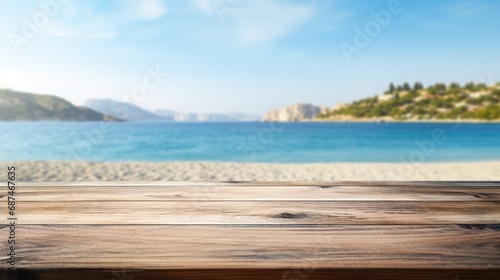 Wooden Table Overlooking a Sunny Beach