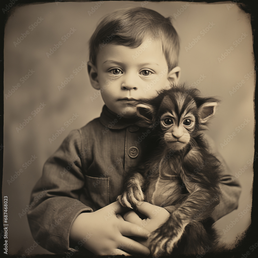 Obraz premium Vintage 1940s Photo: Adorable Boy with Baby Monkey-Tiger Hybrid - Nostalgic Animal Friendship