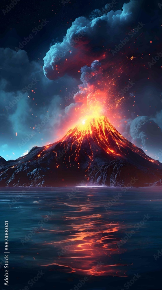 volcanic island erupting in night sky