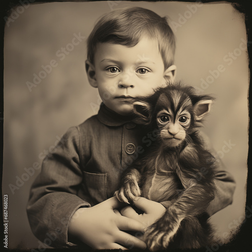 Vintage 1940s Photo: Adorable Boy with Baby Monkey-Tiger Hybrid - Nostalgic Animal Friendship photo