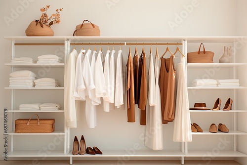 open white wardrobe with clothes hanging on the shelves