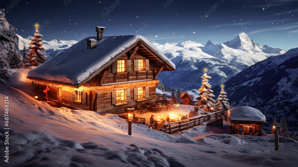 Naklejka premium Magical Winter Wonderland in the Mountains Snowfall Christmas Time and Advent in the Evening and in the Morning Calm and Bright Wallpaper Background Cover Poster Greetings Card Digital Art