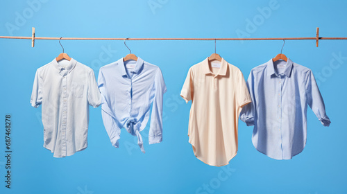 clean white clothes hanging on a hanger, clothing store, laundry, dry cleaning, shirt, cotton, blue background, style, fashion, showcase, sewing workshop, design, light industry