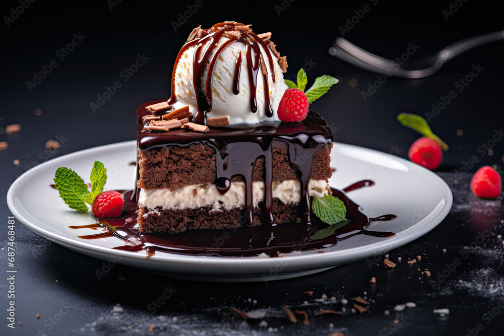 chocolate cake on white plate topped with vanilla ice cream chocolate cake on white plate topped with vanilla ice cream