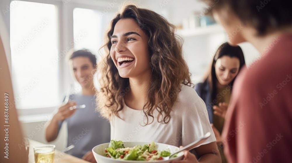 Young woman is laughing with her friends at party as she holding bowl a salad on white kitchen.