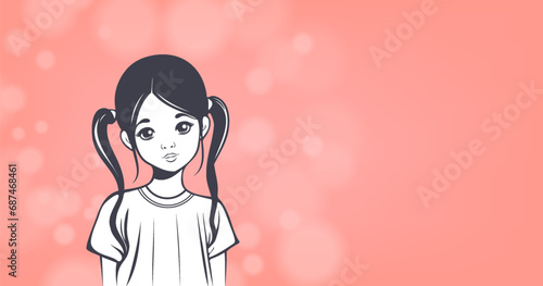 Vector graphic black and white cute beautiful young girl child with bowed head, brunette with pigtails. Delicate peach background with bokeh effect. Banner with empty place.