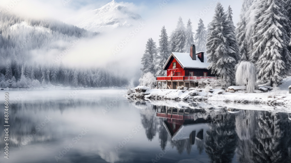 Fototapeta premium Magical Winter Wonderland in the Mountains Snowfall Christmas Time and Advent in the Evening and in the Morning Calm and Bright Wallpaper Background Cover Poster Greetings Card Digital Art