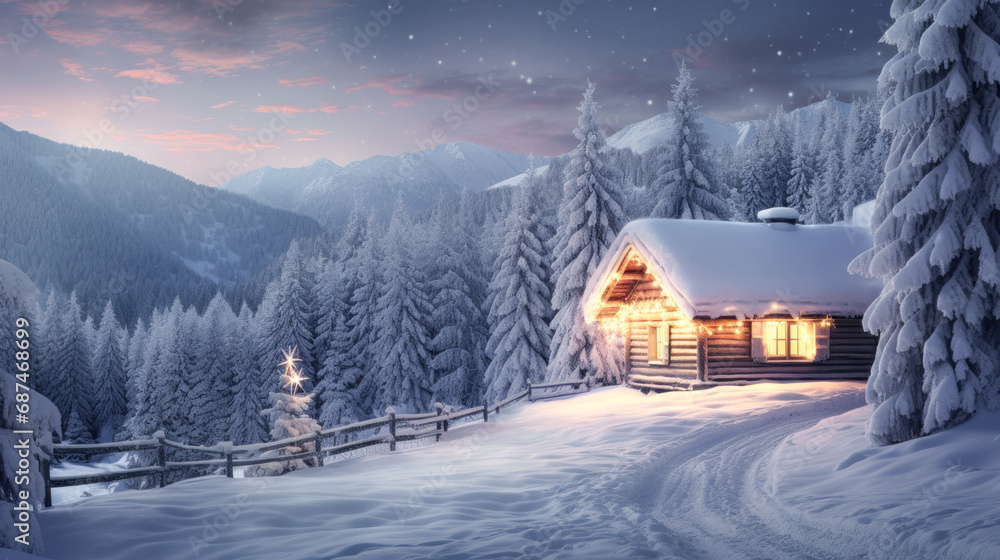 Naklejka premium Magical Winter Wonderland in the Mountains Snowfall Christmas Time and Advent in the Evening and in the Morning Calm and Bright Wallpaper Background Cover Poster Greetings Card Digital Art