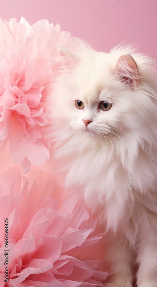 long haired white cat with large pink flowers long haired white cat with large pink flowers