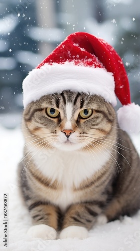cat wearing a red christmas santa hat, sitting in the snow © Jewel
