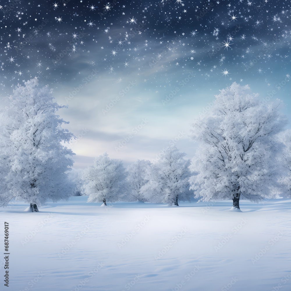 Winter forest with snow covered trees and blue