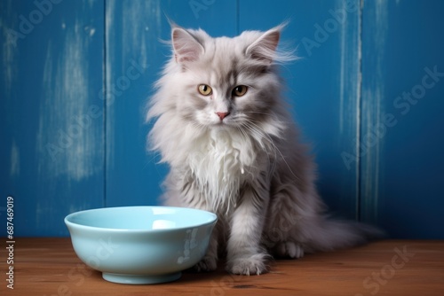 scruffy grey kitten with a blue ceramic food bowl, sitting against a blue painted wall looking hungry photo