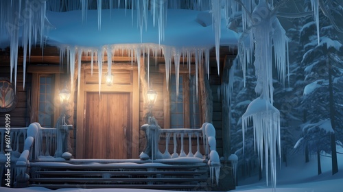 house in winter forest with icicles