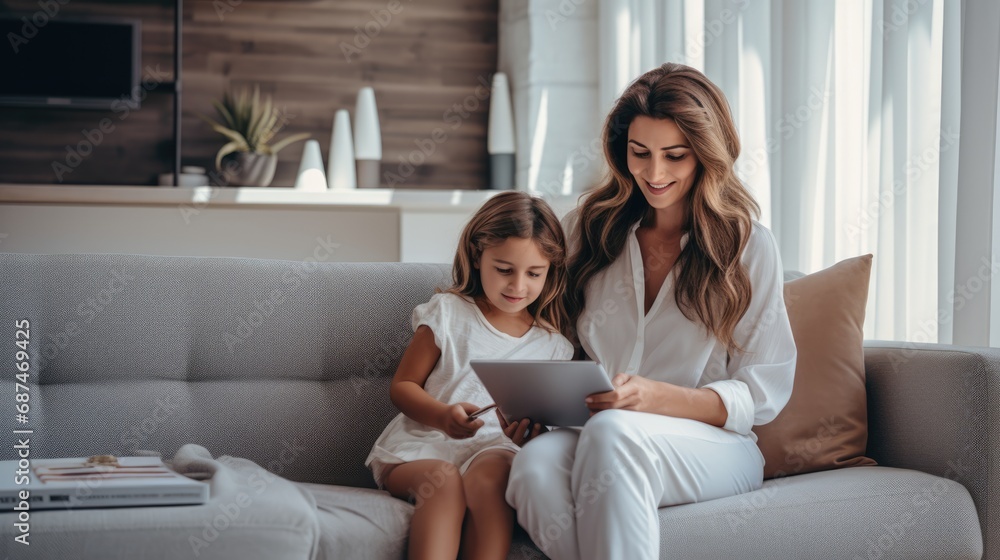 Smiling mom working at home with her child on the sofa. Working from home concept.