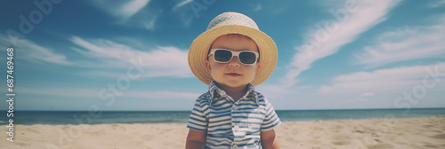 Closeup portrait of cute baby boy with straw hat and sunglasses sitting at the beach. Beautiful lighthearted image with vintage effect and selective focus. Ideal as web banner or in social media.  photo