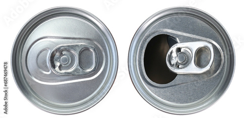 View from top aluminum soda beverage drinks canned container lid closed and open isolated on white background. 