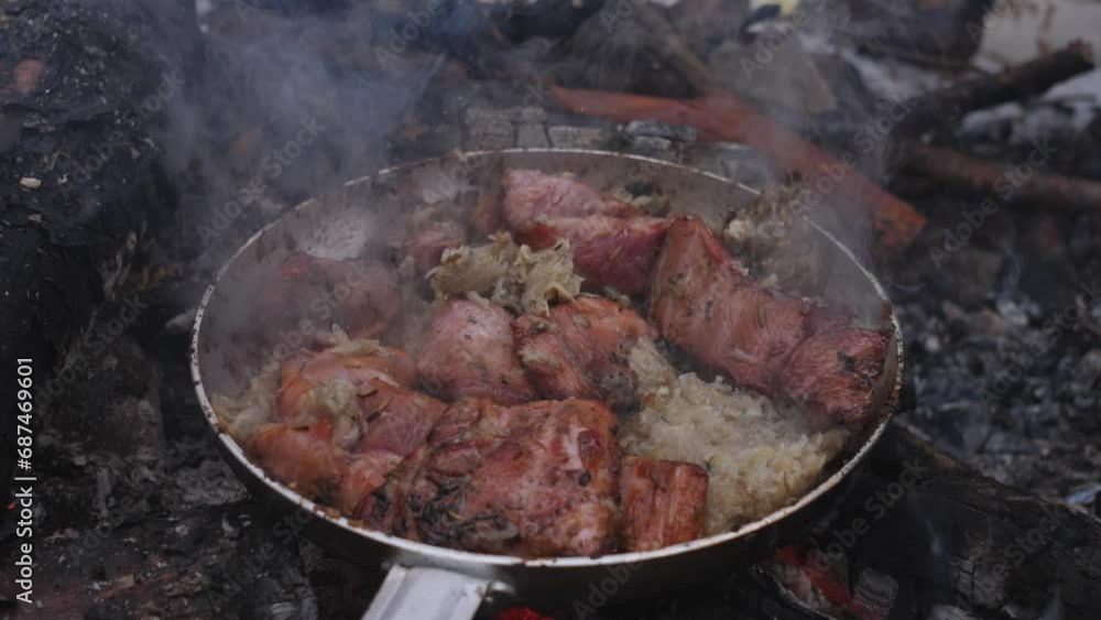 Meat in a frying pan on a campfire 4k Meat in a frying pan on a campfire 4k